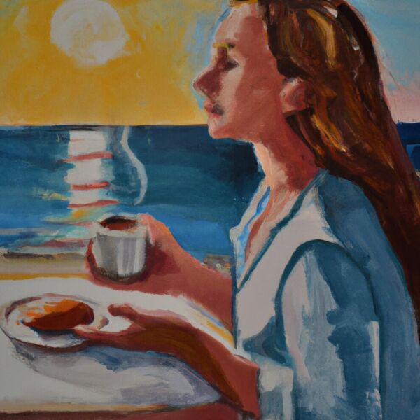 Ich trinke am Meer eine gemütliche Tasse Kaffee und frühstücke und genieße das warme Wetter.