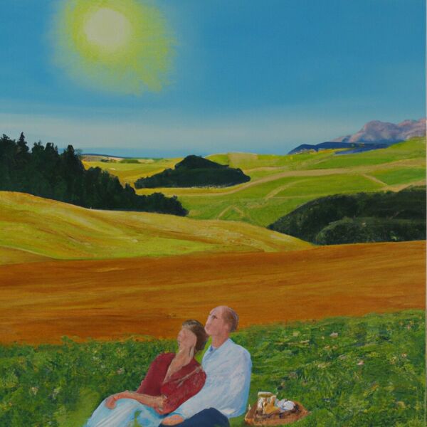 Gemütlich in der Natur mit Picknick. Mein lieber Ehemann soll dabei sein und die Sonne scheint.