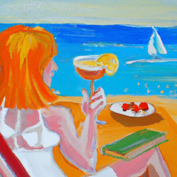 Am Meer in der Sonne liegen mir einen guten Buch. Eine leichte beide geht und neben mir steht ein leckerer Cocktail.