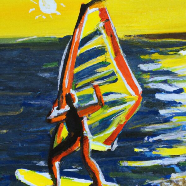 Auf dem Wasser windsurfen (bei Sonnenschein).