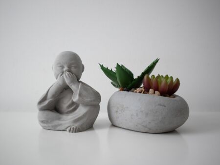 Ein kleiner buddhistischer Mönch neben einem Miniatur-Garten